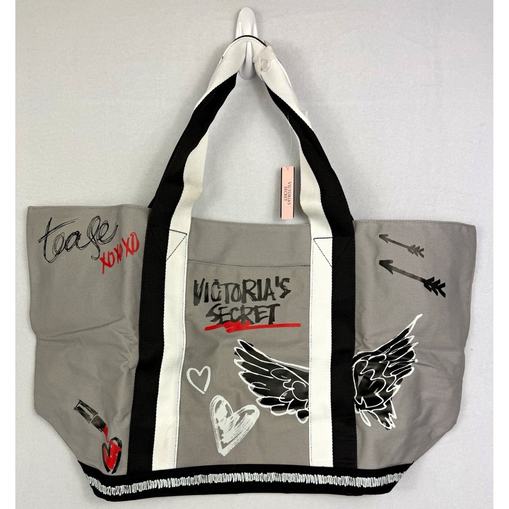 Victoria's Secret Large Gray Graphic Print Tote, Double Handles, Inner Pockets